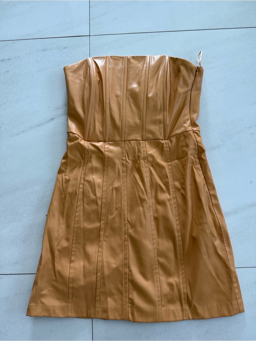 Zara Strapless Faux Leather Mini Dress in Camel